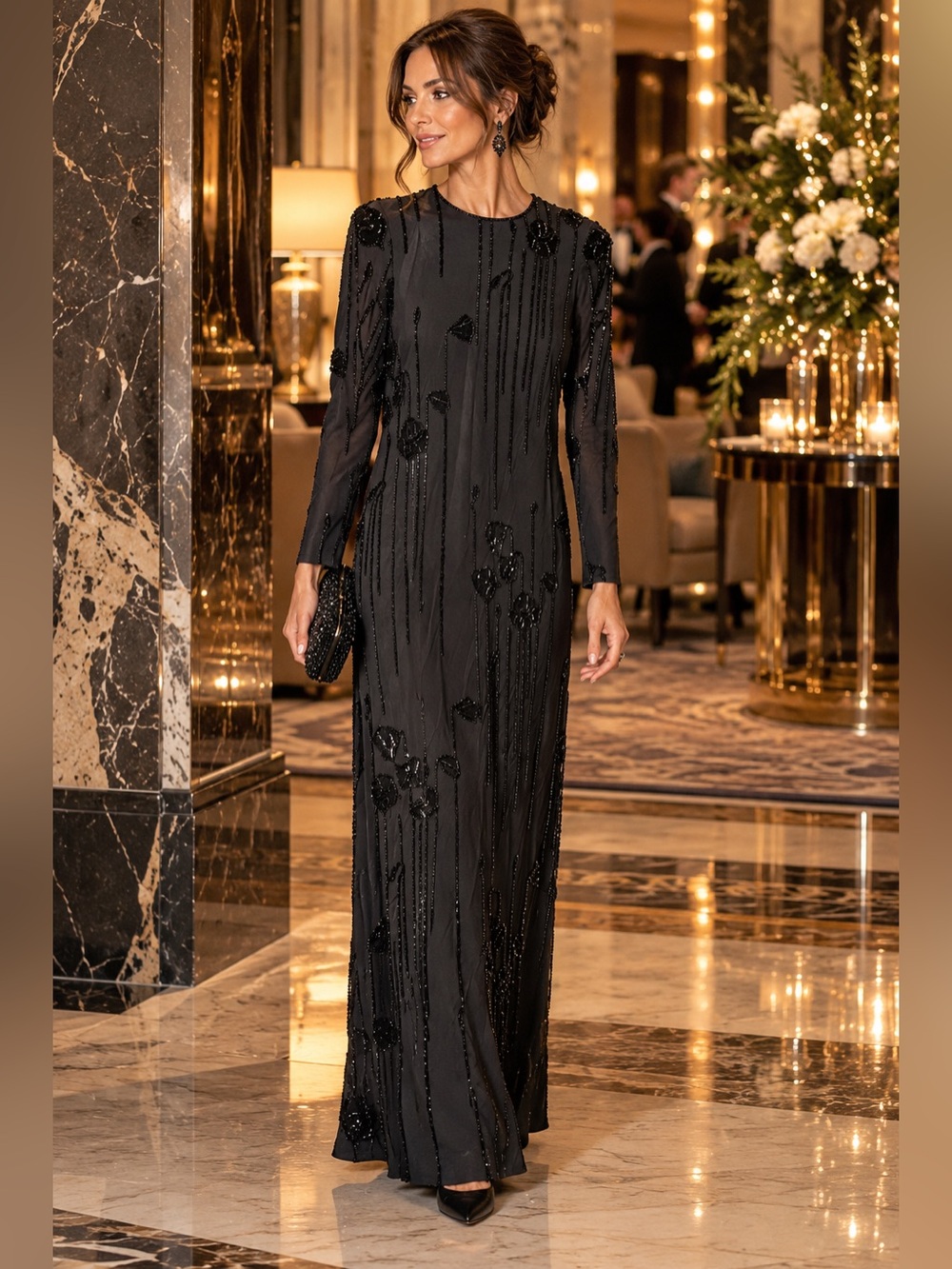 Vintage Sussman’s Black Long-Sleeve Beaded Evening Gown